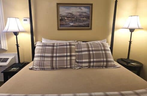 close up of bed, gray tan and blue plaid bedspread, black poster bed frame, lamps and side tables on either side