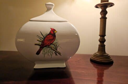 white porcelain container with lid and image of a red cardinal bird