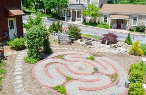 Backyard garden with trees and shrubs and spiral rock path